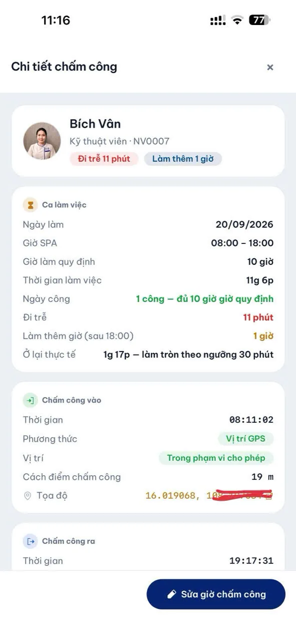 Chi tiết chấm công trên điện thoại: đi trễ, làm thêm giờ, chấm công vào ra bằng vị trí GPS