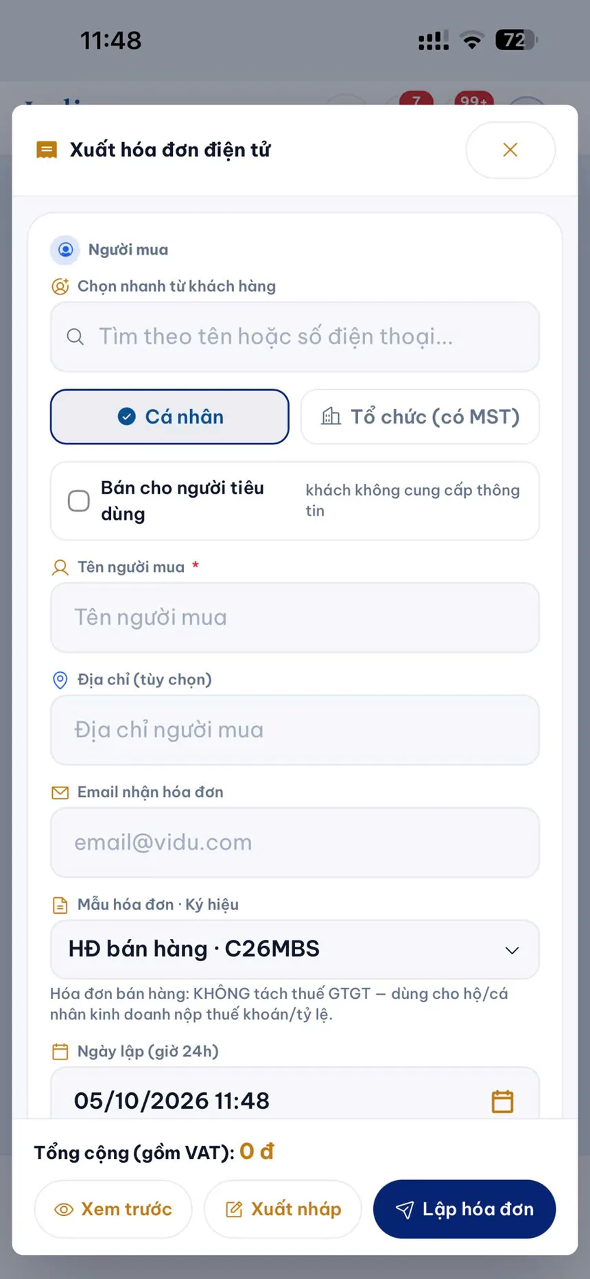 Lập hóa đơn điện tử trên điện thoại: chọn người mua, mẫu hóa đơn, xem trước và xuất nháp