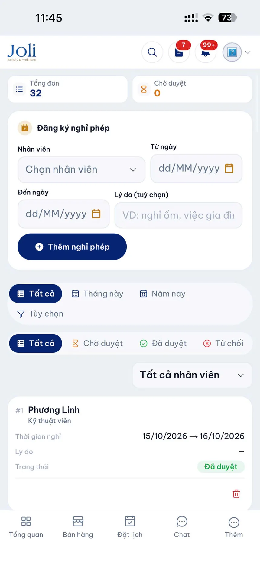 Đăng ký nghỉ phép cho nhân viên và duyệt đơn nghỉ trên điện thoại