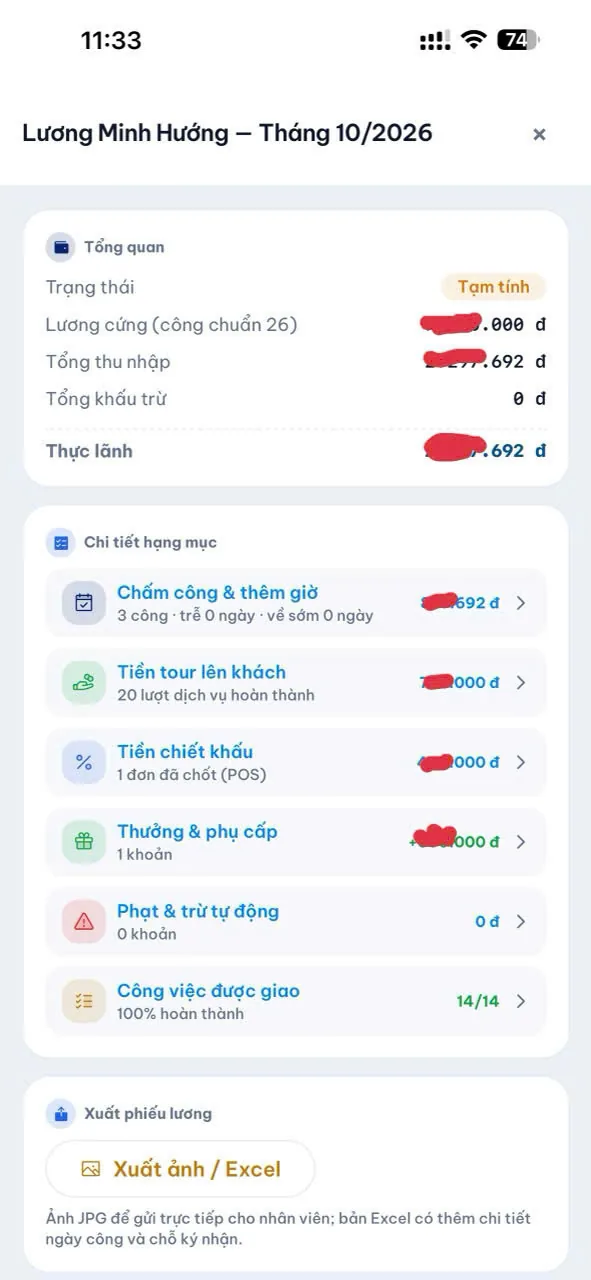 Phiếu lương tháng: chấm công, tiền tour, chiết khấu, thưởng phụ cấp, xuất ảnh hoặc Excel