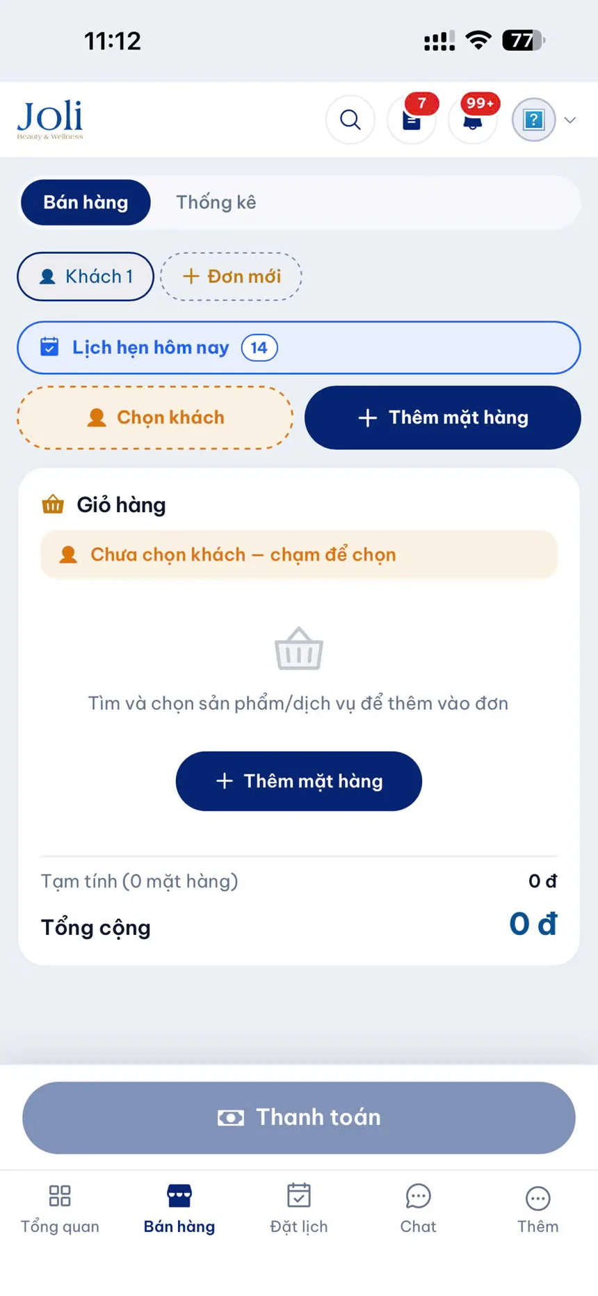 Bán hàng trên điện thoại: chọn khách, thêm dịch vụ, lịch hẹn hôm nay và thanh toán