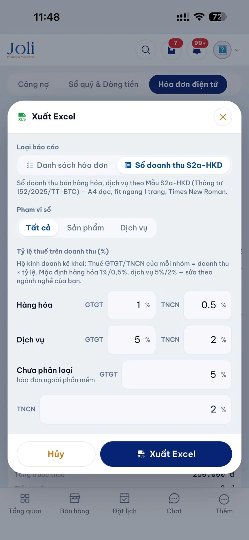 Xuất Excel sổ doanh thu mẫu S2a-HKD với tỷ lệ thuế GTGT, TNCN cho hộ kinh doanh