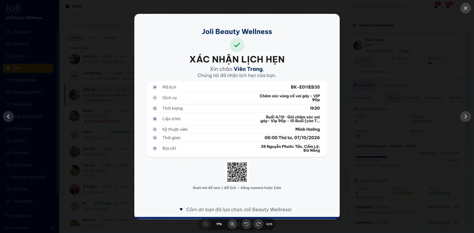 Tin xác nhận lịch hẹn gửi khách qua Zalo, có mã QR xem và đổi lịch