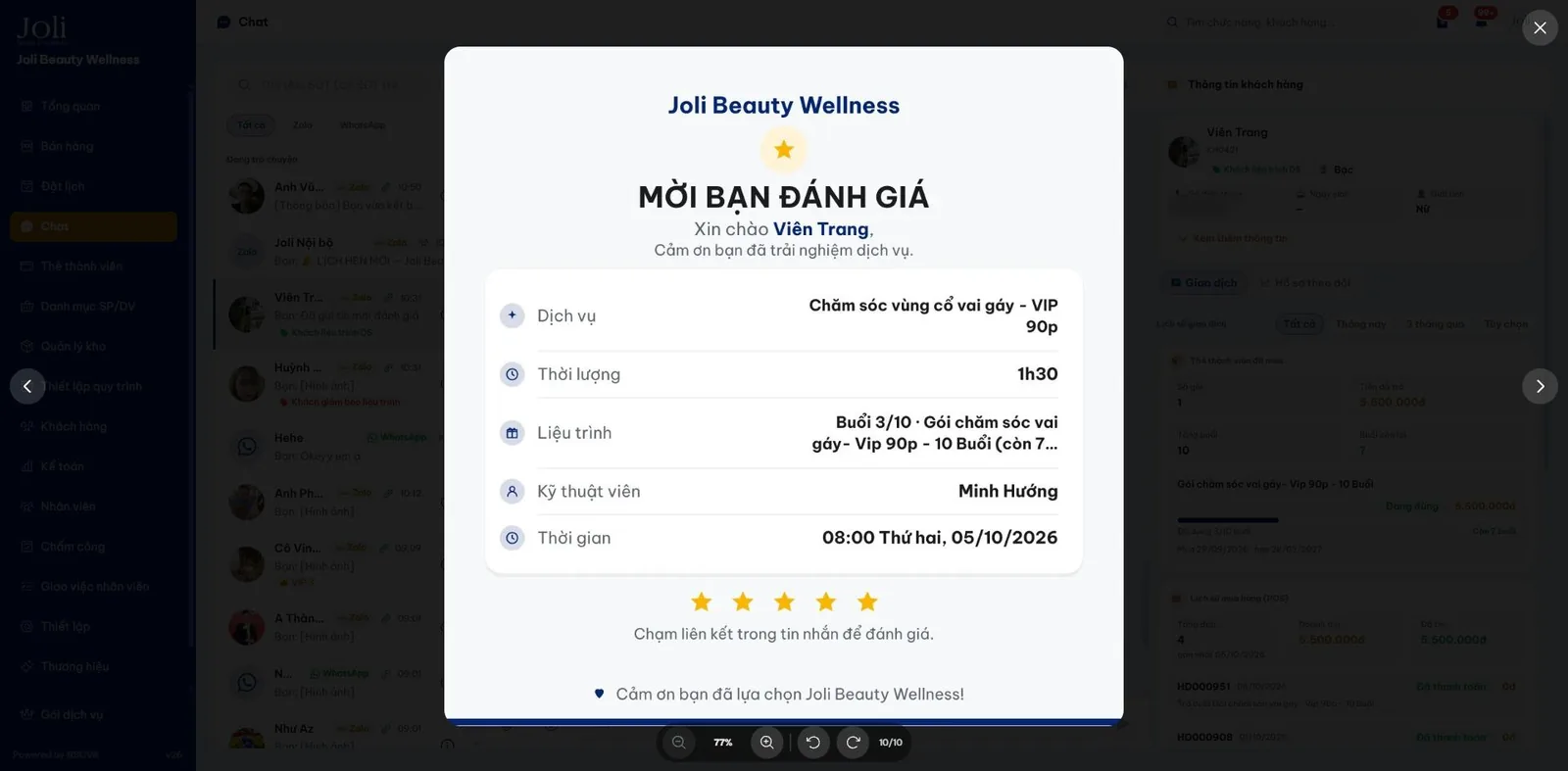 Tin mời khách đánh giá dịch vụ sau buổi làm