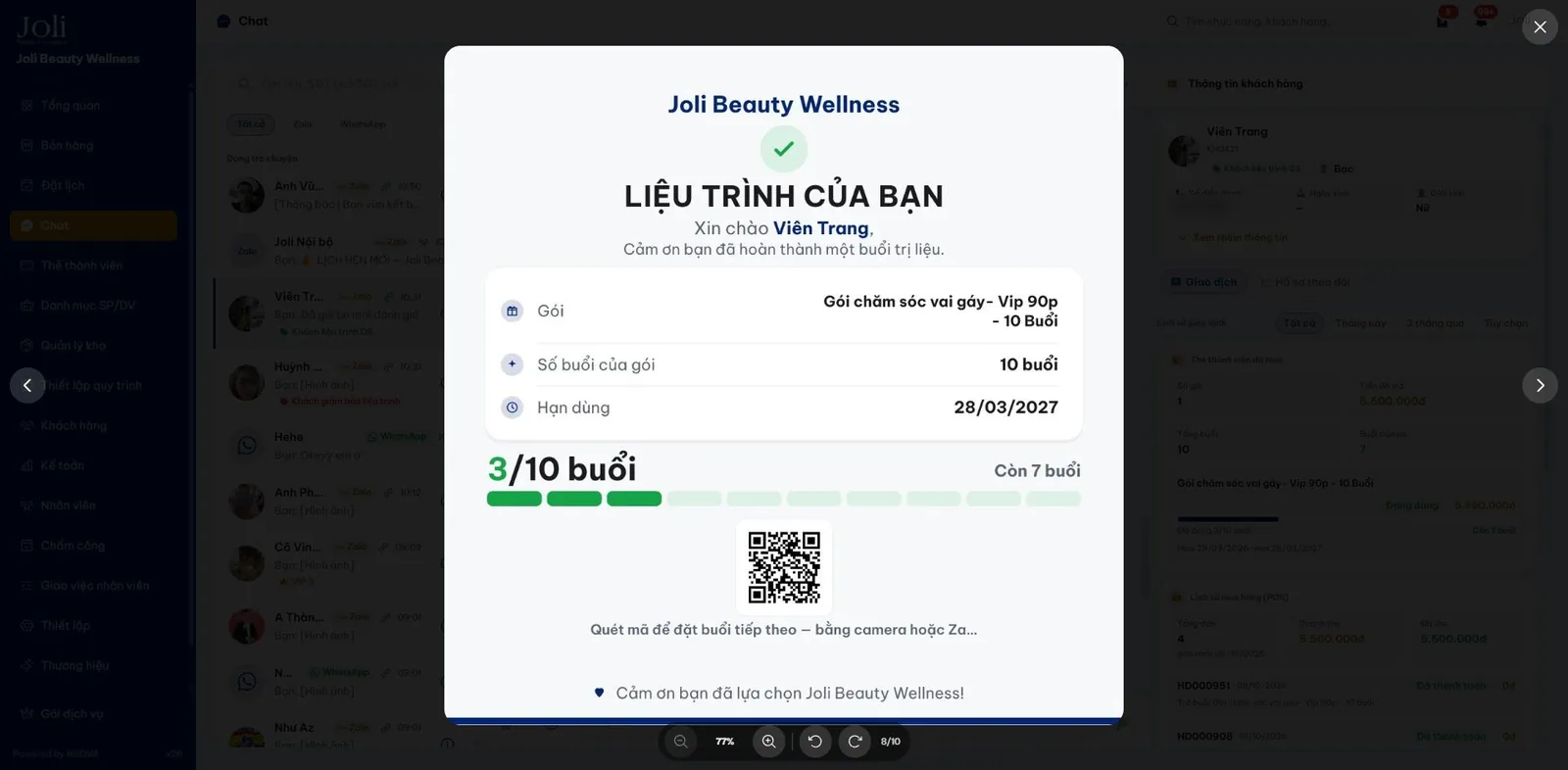 Tin báo tiến độ liệu trình: số buổi đã dùng, còn lại và hạn dùng