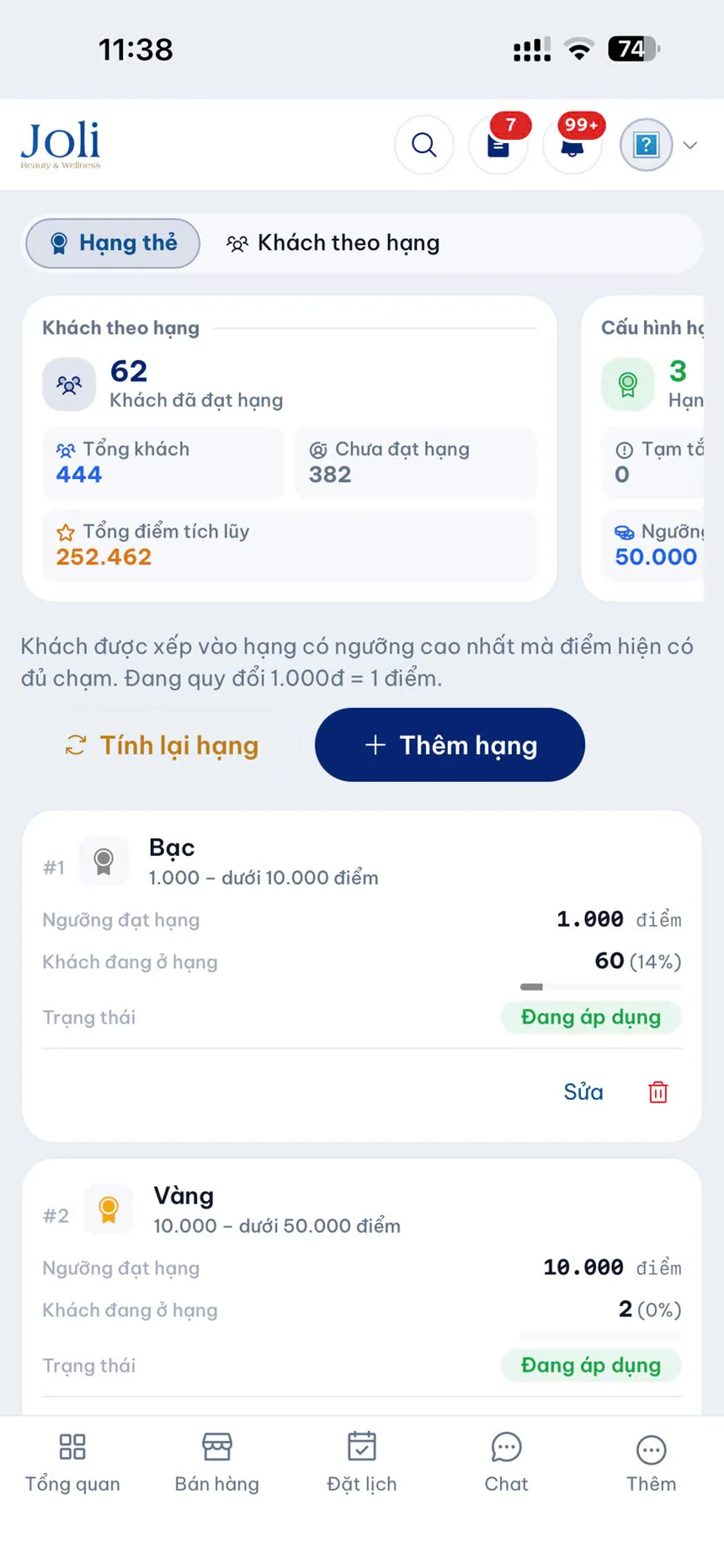 Hạng thành viên trên điện thoại: số khách theo hạng, tổng điểm tích lũy, ngưỡng từng hạng